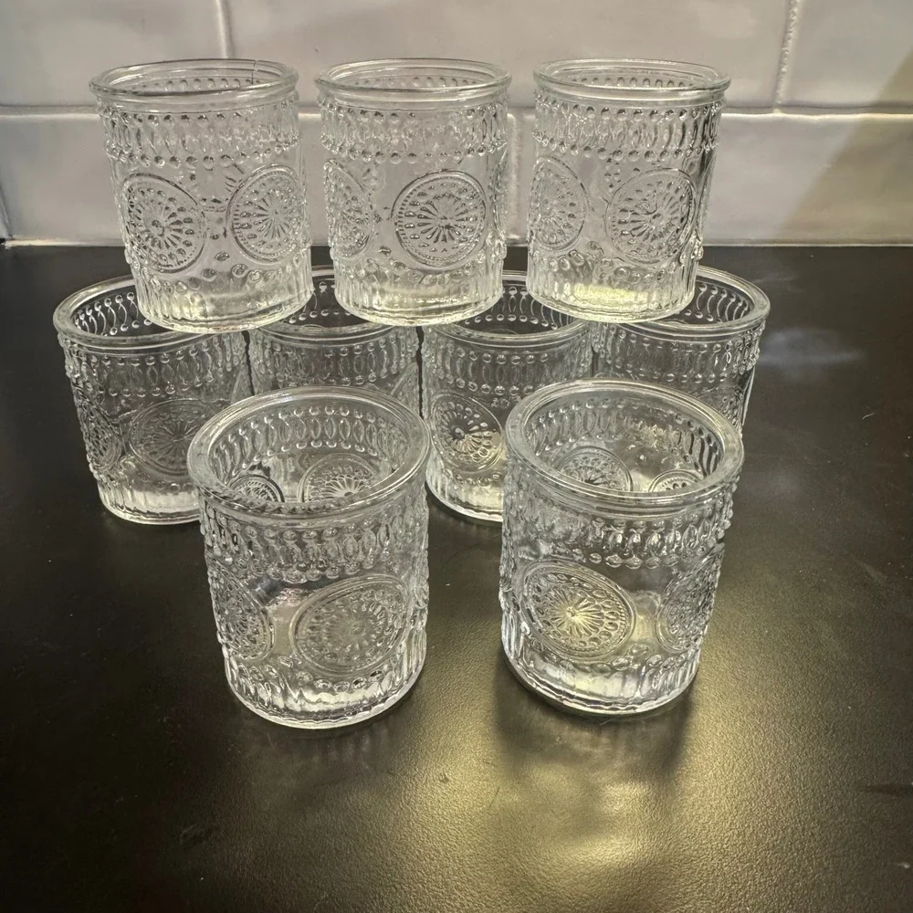 Pioneer Woman Drinking Glasses Set of 9 Clear Embossed Medallion Farmhouse 3.5in
